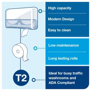 SCA555560, Tork,  T2 Mini Jumbo 2-Roll Toilet Paper Dispenser, White