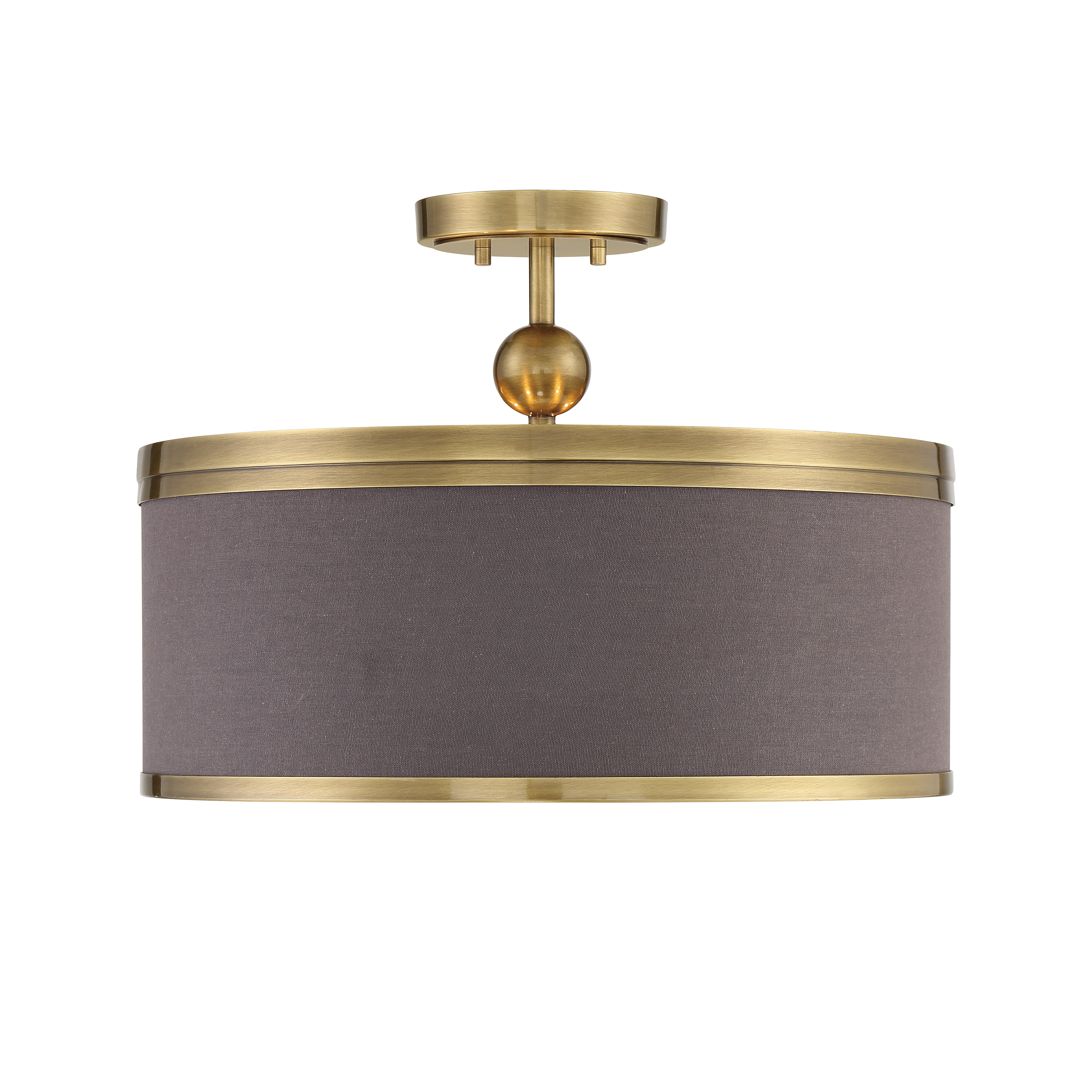 The Splendour semi-flush mount combines aged antique brass metalwork with a sophisticated chocolate linen shade, creating warm, diffused lighting perfect for traditional and transitional interiors. - alternate view
