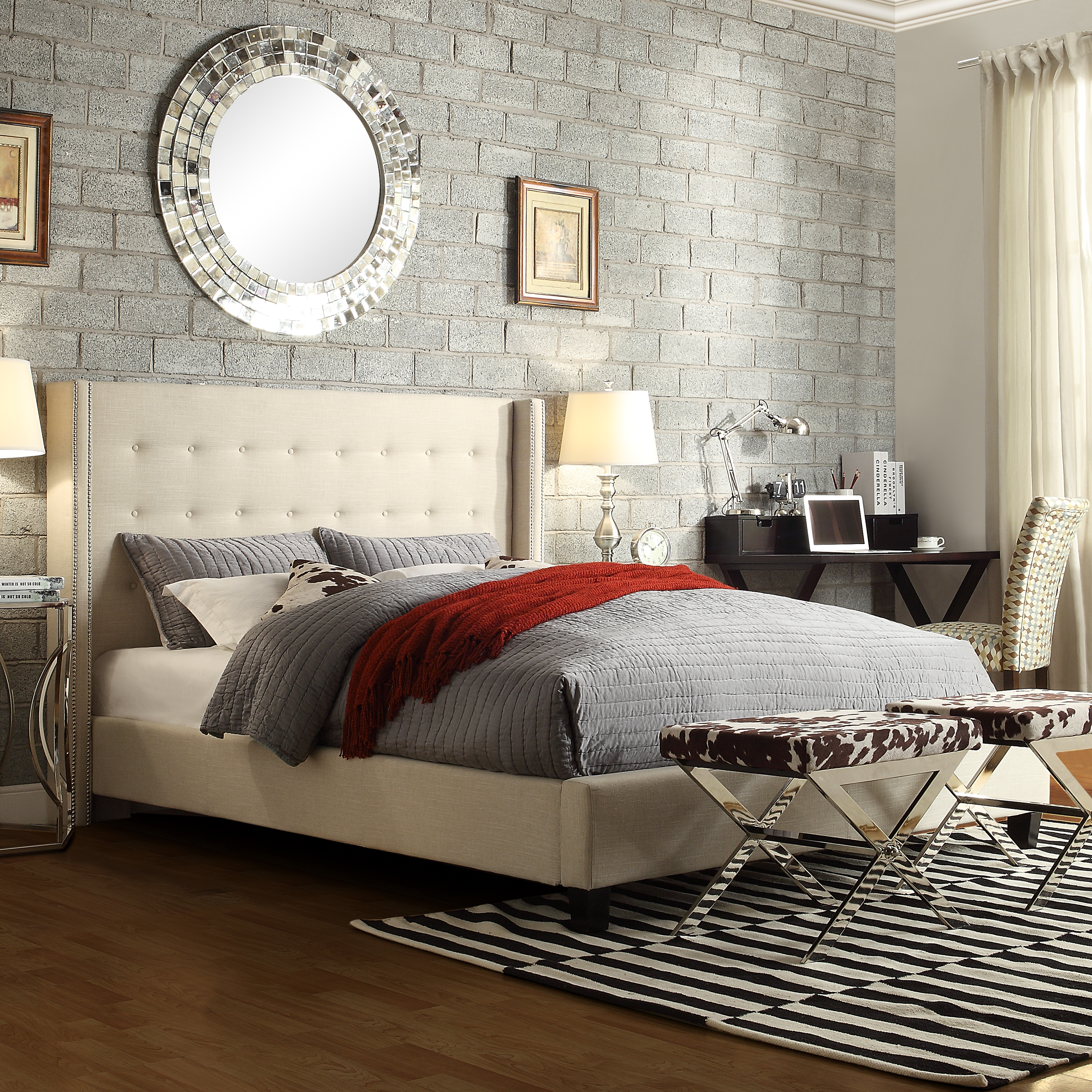 Nailhead Wingback Tufted Upholstered Bed