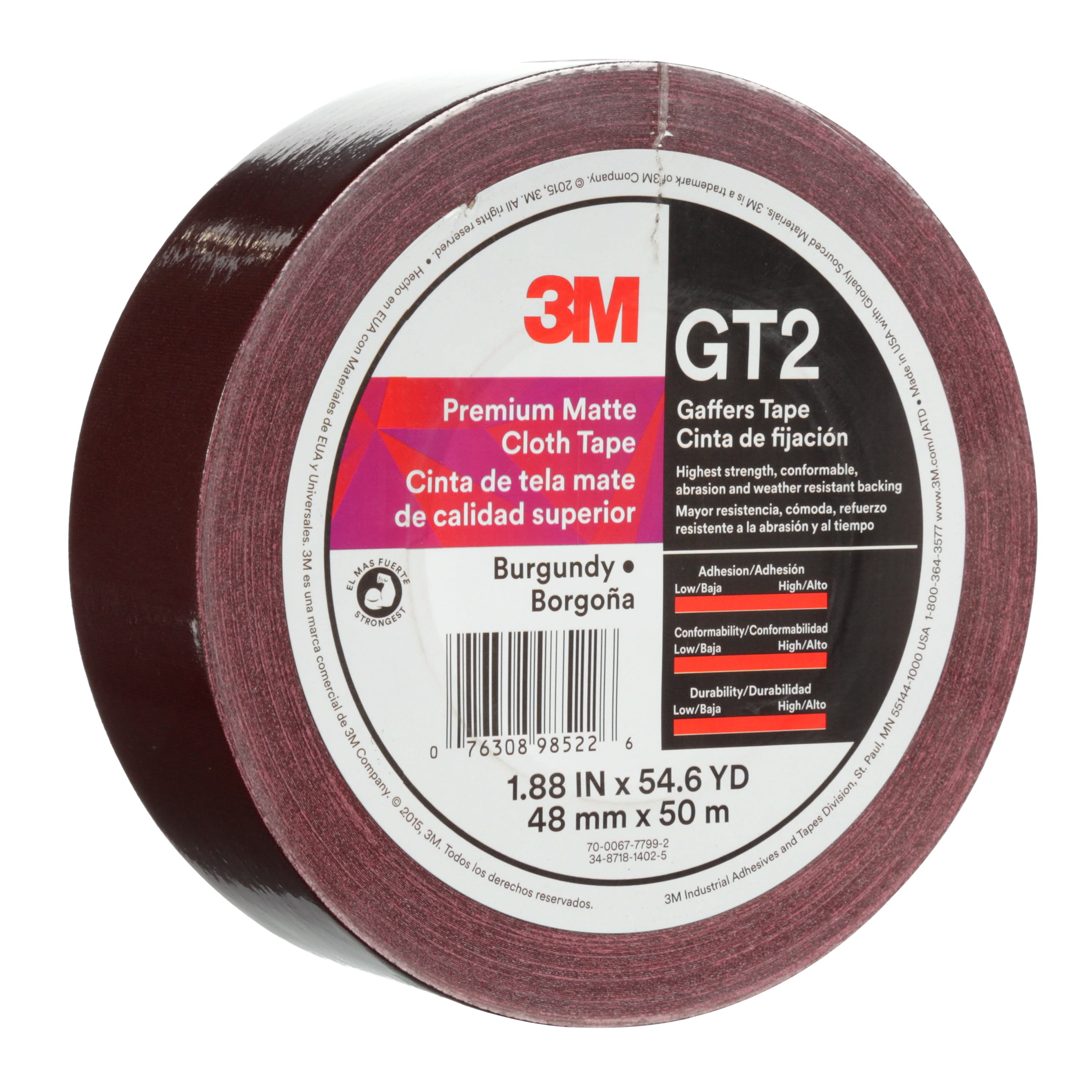 3M™ Premium Matte Cloth (Gaffers) Tape GT2, Burgundy, 48 mm x 50 m, 11
mil, 24 per case