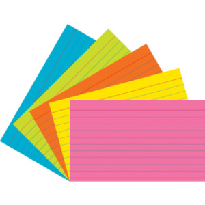Index Cards, 5 Super Bright Assorted Colors, Ruled, 1/4" 3" x 5", 75 Cards