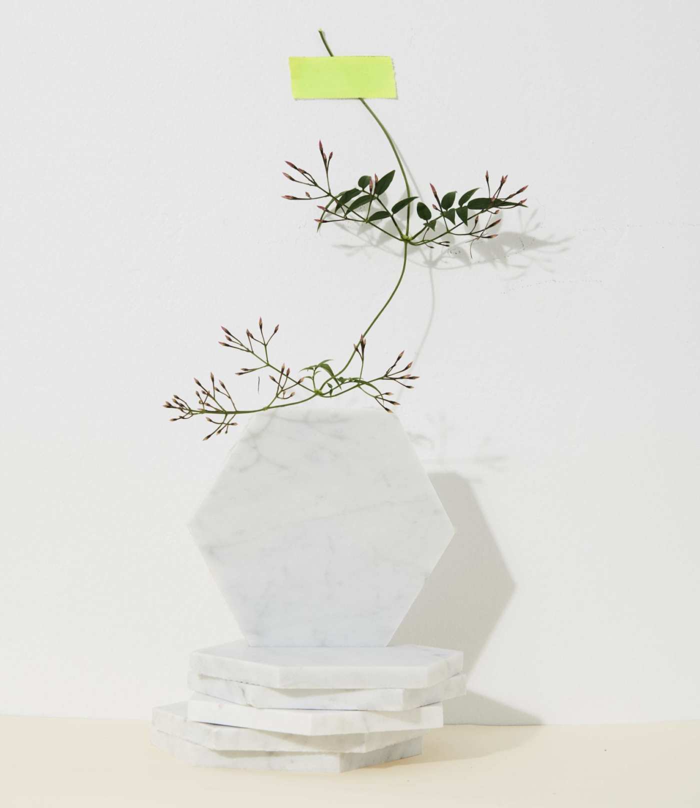 a stack of white hexagon tiles with a plant on top.