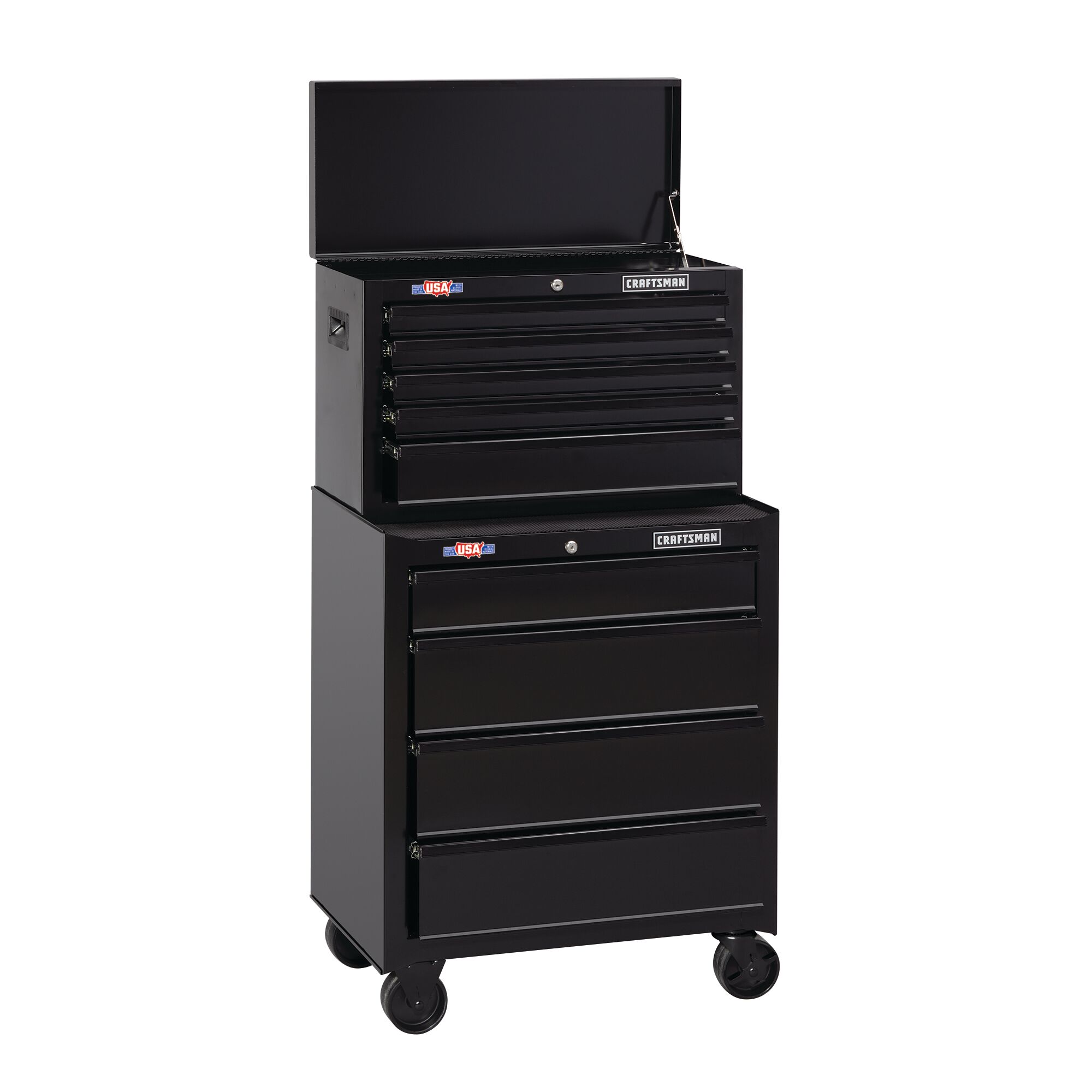 Compatible tool chest / box stacked on top of 1000 Series 27 inch wide 4 drawer rolling tool cabinet.