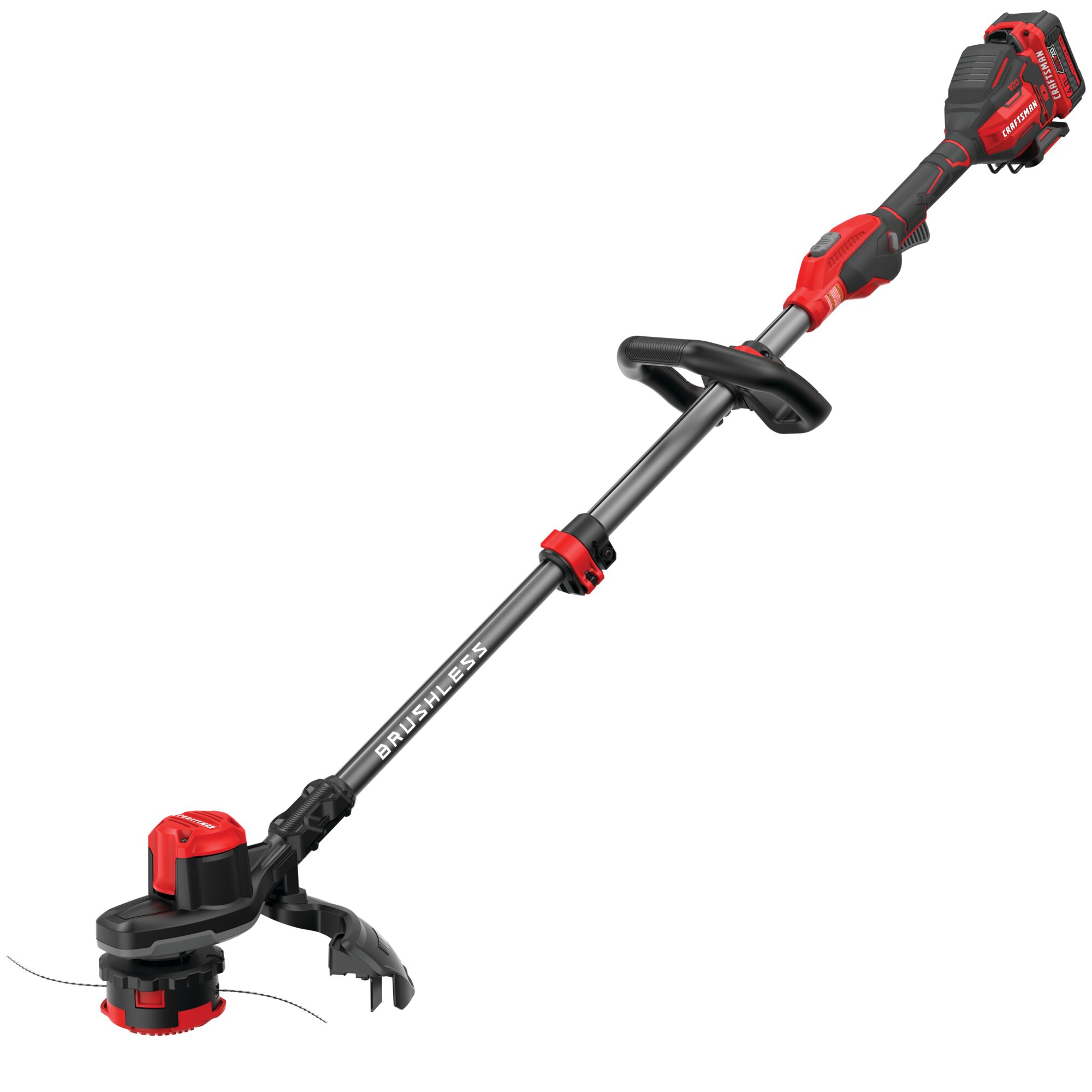 Left profile of 20 volt weedwacker 13 inch brushless cordless string trimmer with quickwind 4.0 ampere per hour.