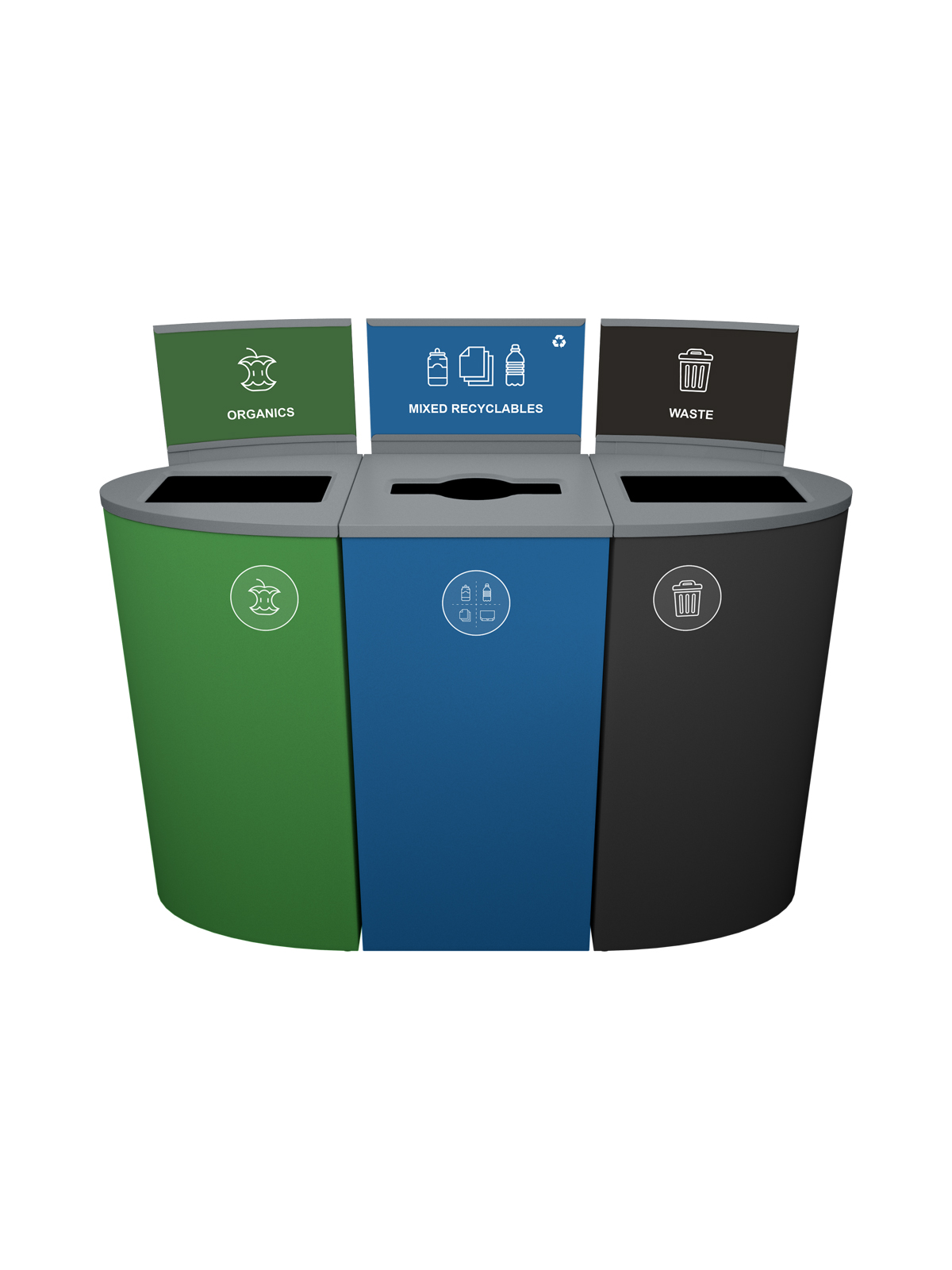 SPECTRUM – Triple – Kit – Organics-Mixed Recyclables-Waste – Full-Mixed-Full – Dark Green-Blue-Black