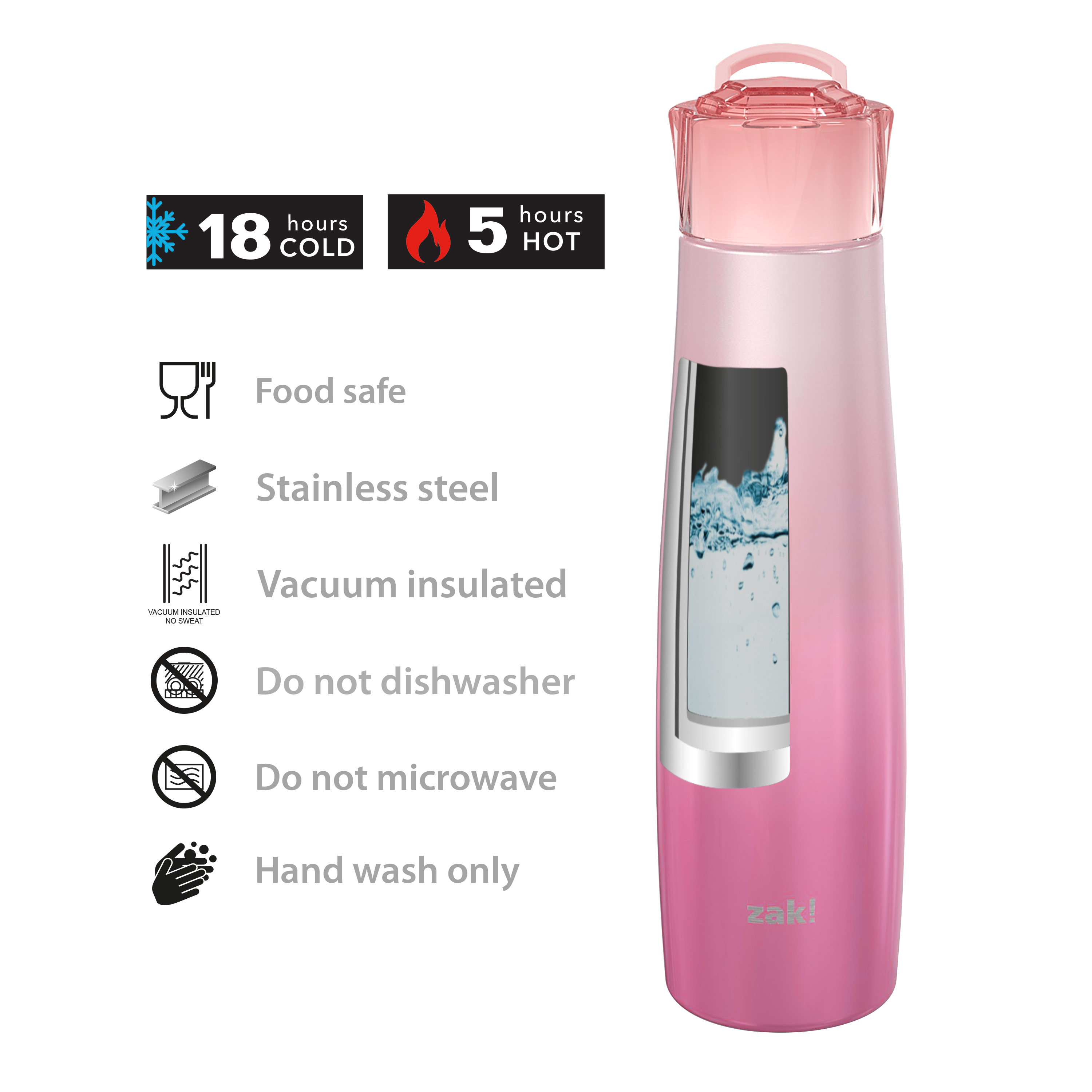 Zak Hydration 20 ounce Double Wall Vacuum Insulated Stainless Steel Water Bottle, Pink Diamond slideshow image 12