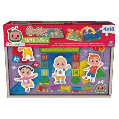 Cocomelon, 4-Pack Wooden Puzzles, 18-Pieces Each Jigsaw Toy Gift Set with Interchangeable Characters, for Kids Ages 3 and up