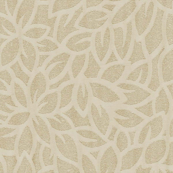 Stylized petal shapes overlap to form a repeating floral pattern on textured beige woven fabric or wallpaper, with subtle sheen and slightly raised, lighter outlines.