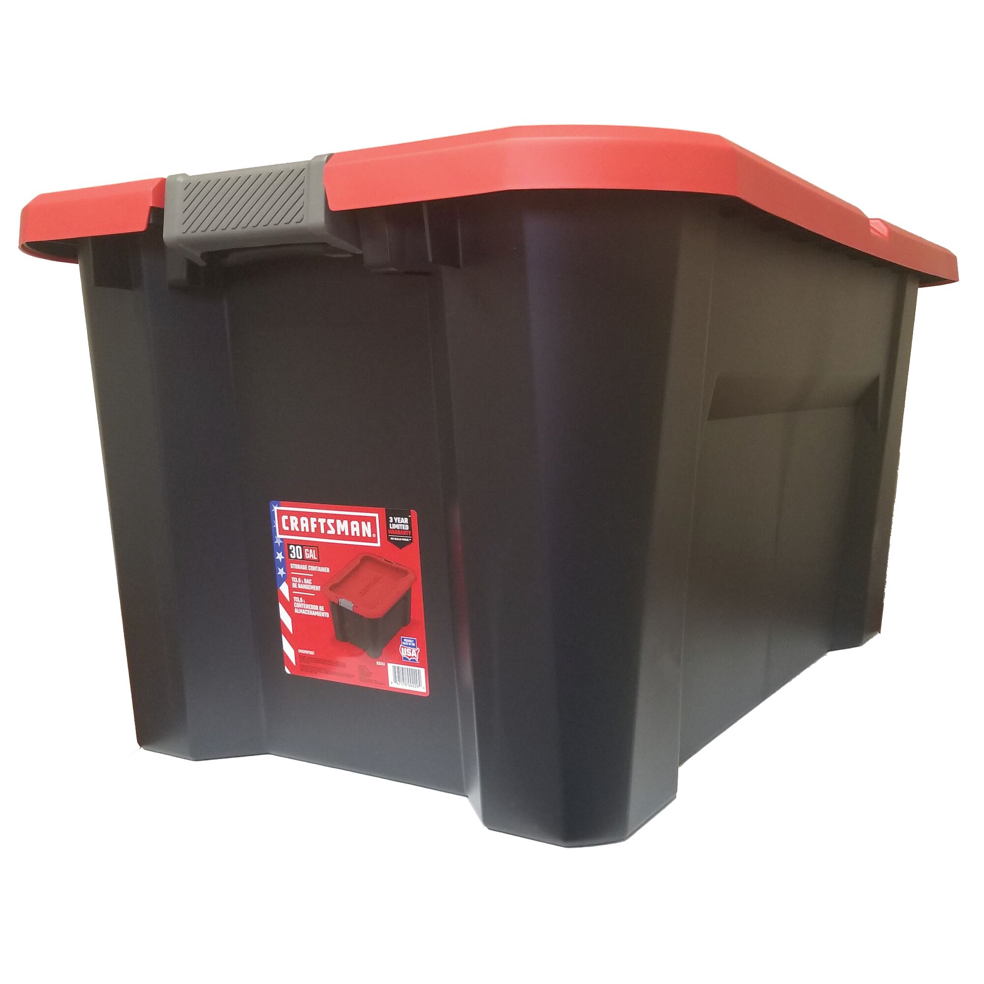 Right profile of 30 Gallon latching tote in packaging.