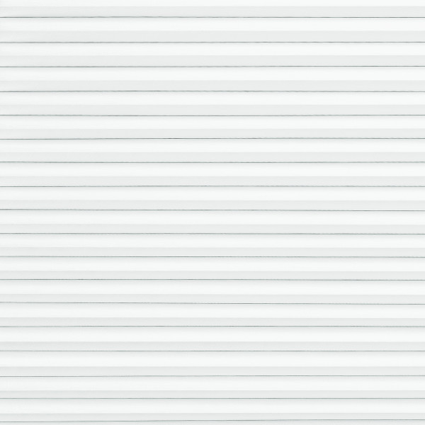 White horizontal blinds with narrow slats covering a window; fully closed, filtering soft daylight into the room; interior, evenly lit, minimalist wall background.