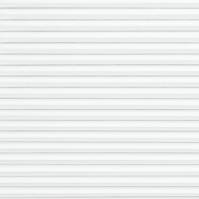 White horizontal blinds with narrow slats covering a window; fully closed, filtering soft daylight into the room; interior, evenly lit, minimalist wall background.