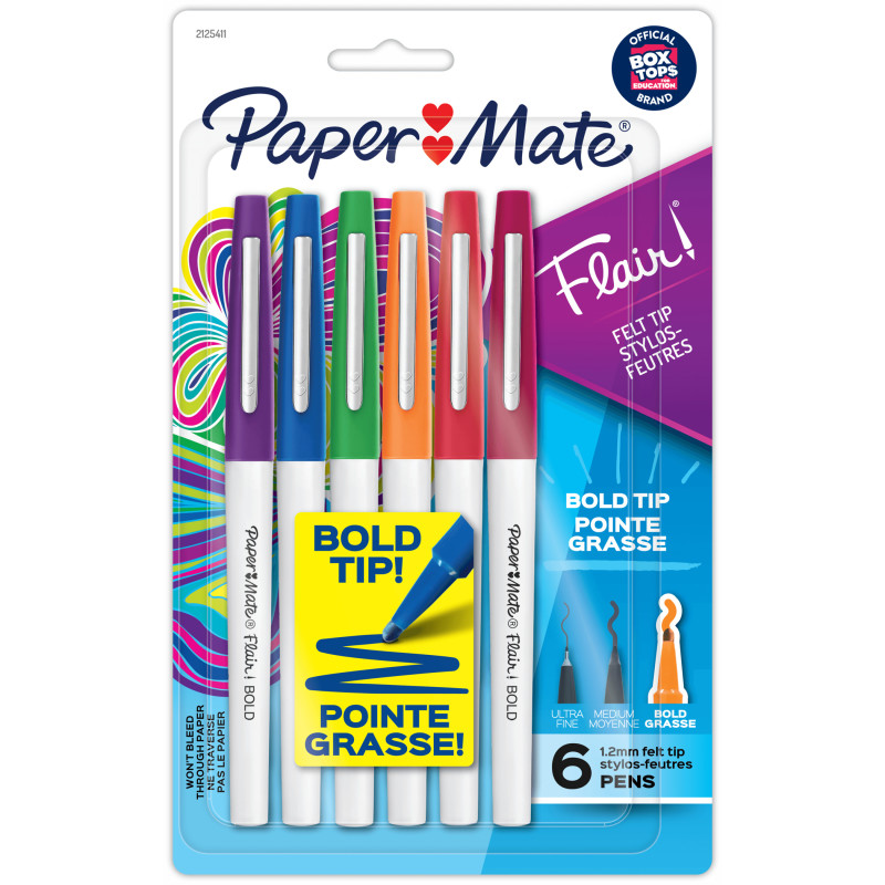 Flair Felt Tip Pens, Bold Tip (1.2 mm), Assorted Colors, 6 Count