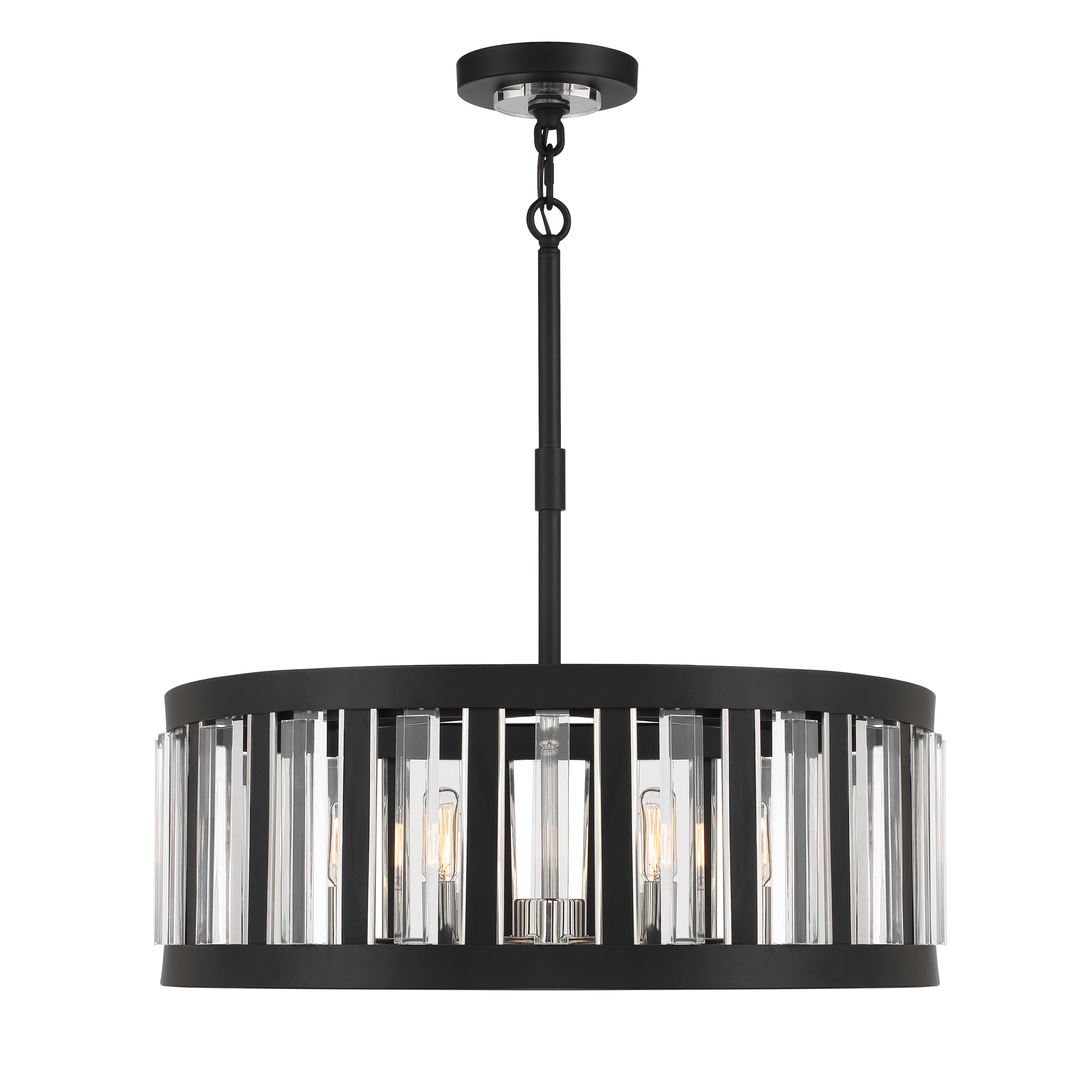 The Majestic Splendor combines industrial-inspired metal framework with polished nickel accents and acrylic details for a refined contemporary look. Its 6-light configuration provides ample illumination while the 25.5-inch width makes it versatile for medium-sized spaces. - alternate view