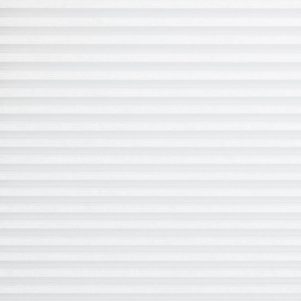 White horizontal pleated blind filling the frame, textured fabric with evenly spaced folds; closed, softly diffusing light; minimal context—no visible window frame or room, uniform bright neutral background.