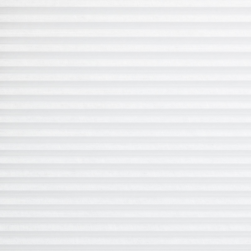 White horizontal pleated blind filling the frame, textured fabric with evenly spaced folds; closed, softly diffusing light; minimal contextâ€”no visible window frame or room, uniform bright neutral background.