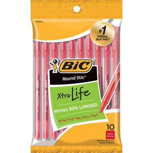 Round Stic&reg; Xtra Life Ballpoint Pen, Medium Point (1.0mm), Red, Pack of 10