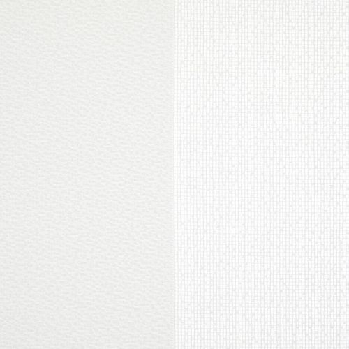 Two adjacent wallpaper panels—left smooth off-white, right white with a fine rectangular grid—meet at a central seam, displayed as sample swatches under soft, neutral lighting.