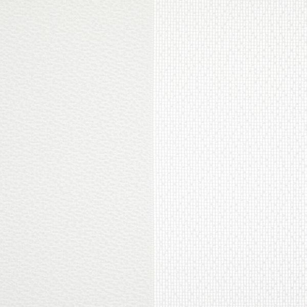Two adjacent wallpaper panels—left smooth off-white, right white with a fine rectangular grid—meet at a central seam, displayed as sample swatches under soft, neutral lighting.
