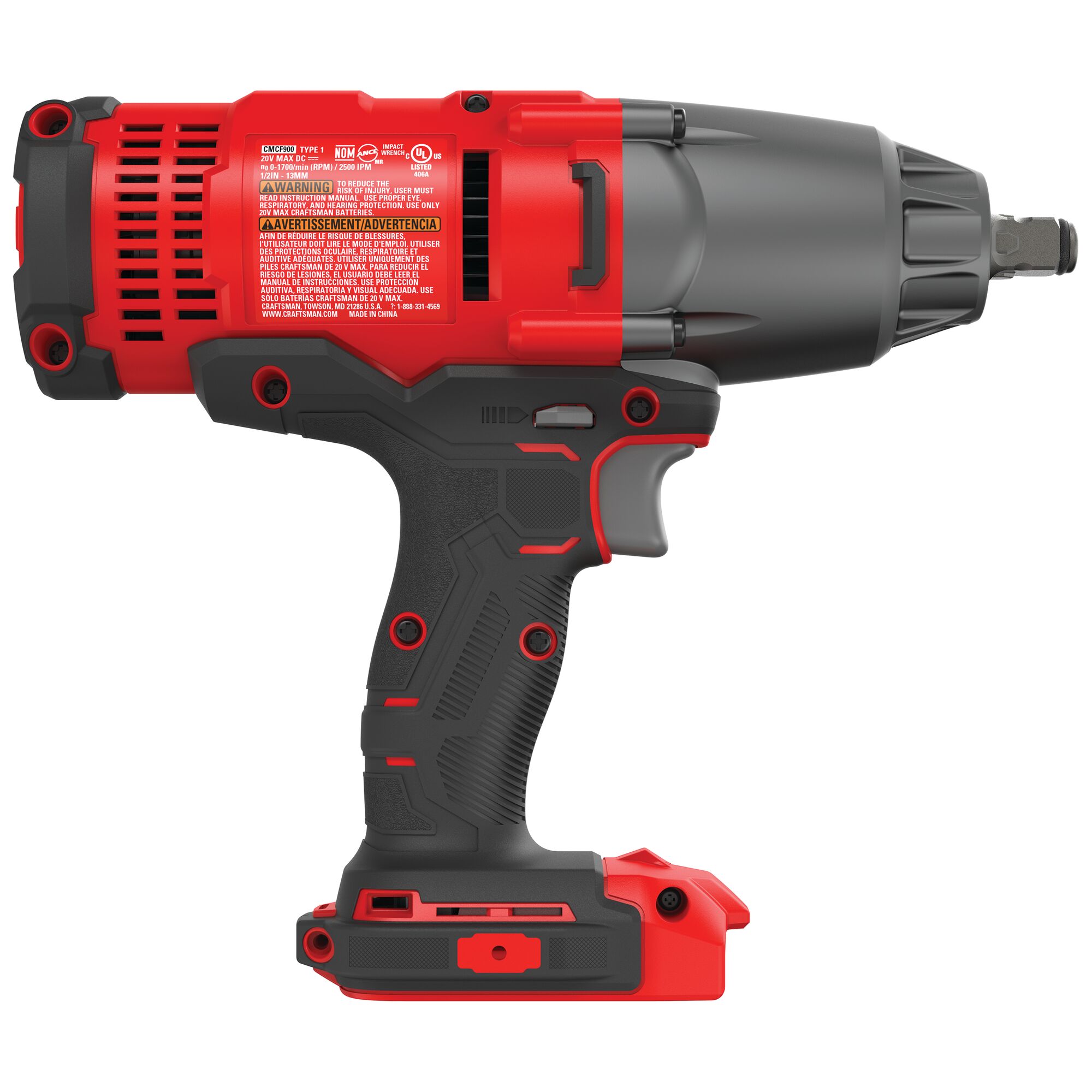 Left profile of cordless half inch impact wrench tool.