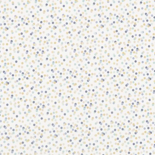 Small pastel watercolor dots (blue, beige, gray, mint) scattered across a white background, creating a subtle confetti-like wallpaper or fabric pattern with soft, irregular edges.