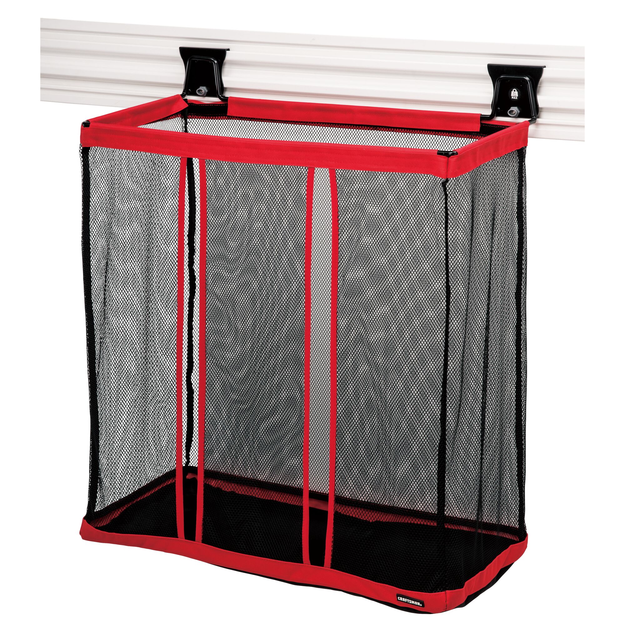 Black and red VERSATRACK Ball Organizer attached to white VERSATRACK trackwall