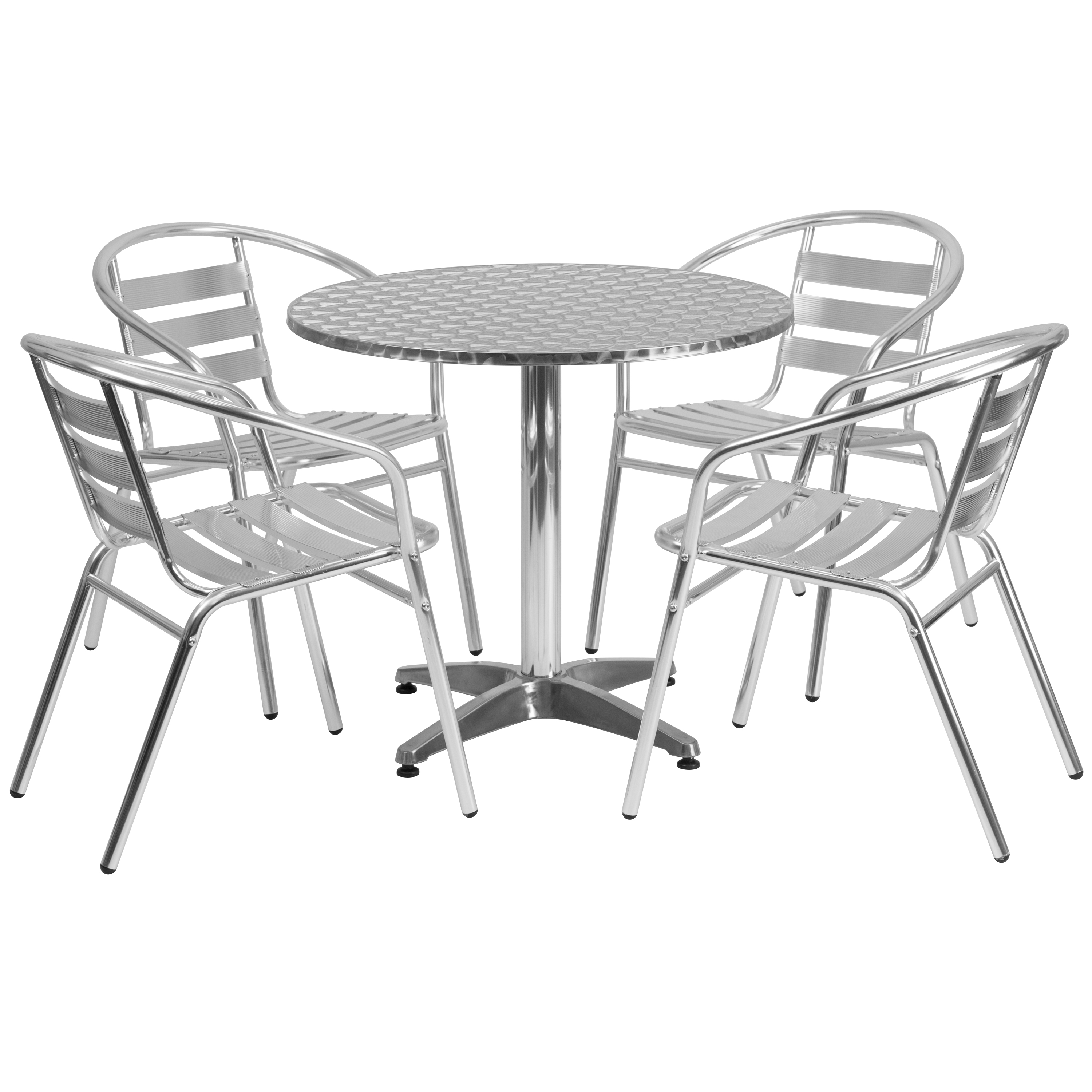 Lila 31.5'' Black Round Aluminum Indoor-Outdoor Table Set with 4 Black Slat B...