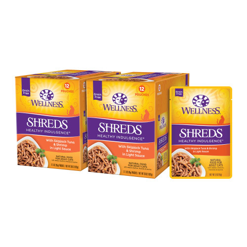 Wellness Complete Health Healthy Indulgence Shreds with Skipjack Tuna & Shrimp in Light Sauce Front packaging