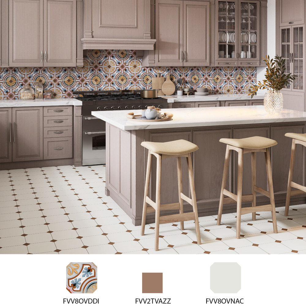 Vaudeville Octagon Nacar with Taco Marron 7-7/8 in. x 7-7/8 in. Porcelain Floor and Wall Tile