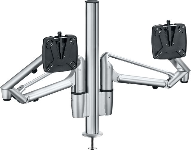 LiftTEC® Comfort Duo lifts 2 monitors off the desk surface for comfortable side-by-side viewing.