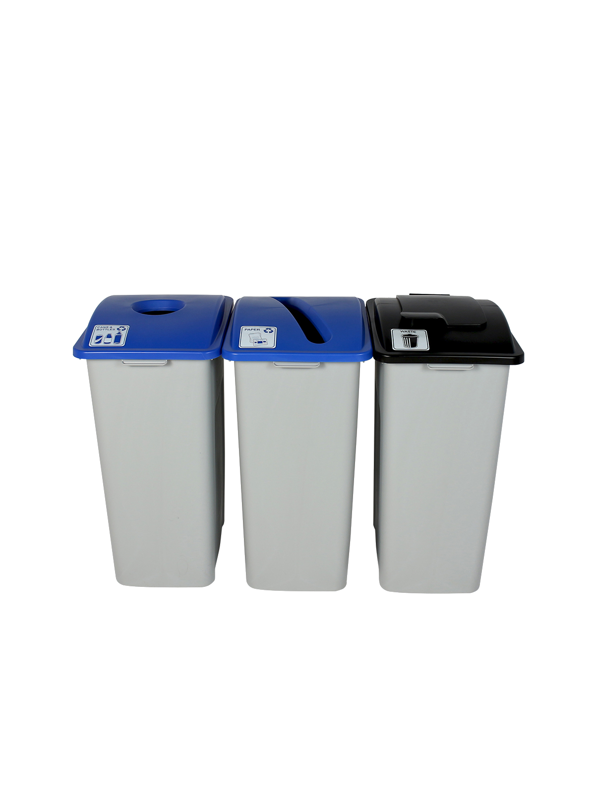 WASTE WATCHER – Triple – Kit – Xl – Cans & Bottles-Paper-Waste – Circle-Slot-Solid Lift – Grey-Blue-Blue-Black