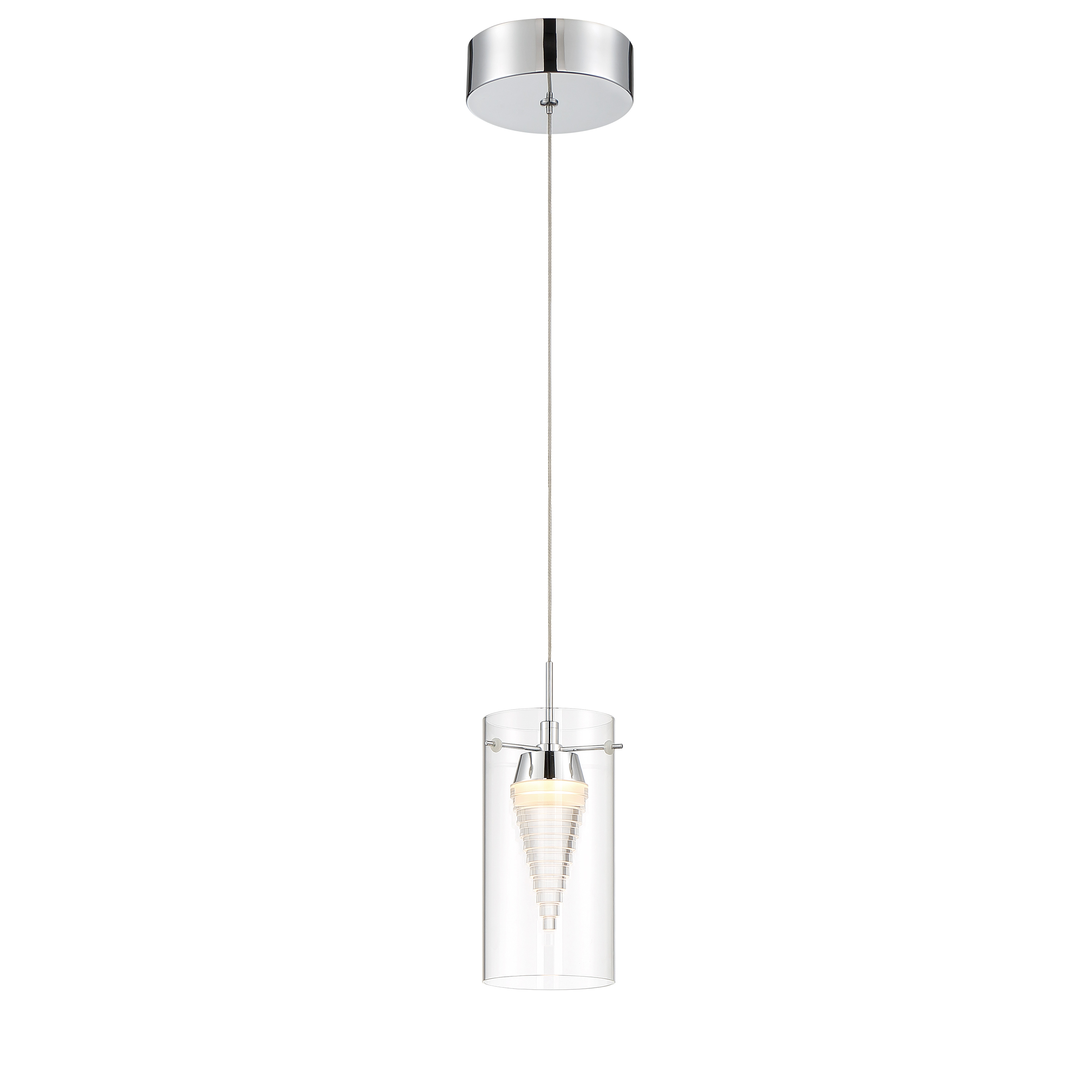 The Funnel Cloud mini pendant delivers modern sophistication with its chrome finish and mixed-material construction. At just 4 inches wide, it's ideal for tight spaces needing focused LED illumination with excellent color rendering. - alternate view