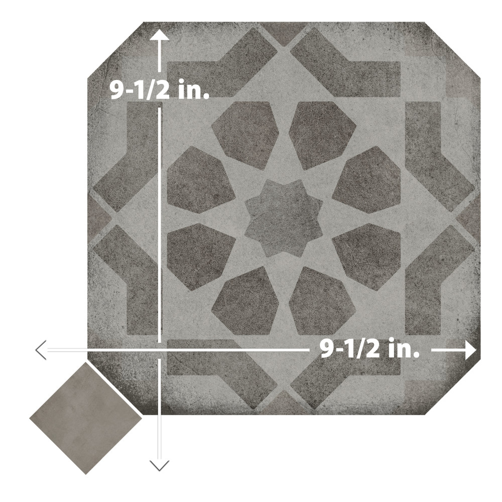 Laverton Octagon Deco Sombra with Grafito 7-7/8 in. x 7-7/8 in. Porcelain Floor and Wall Tile