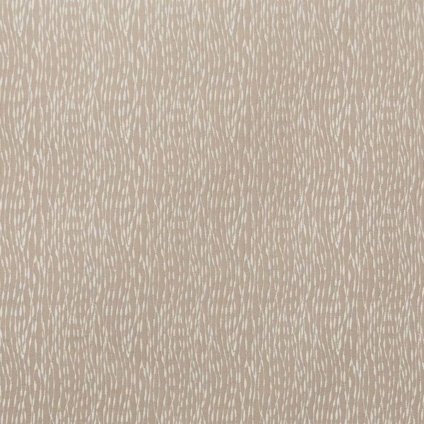 Beige fabric-like wallpaper with thin vertical white wavy streaks, covering a flat surface; pattern repeats uniformly, creating a subtle textured look suitable for interior walls under neutral, diffuse lighting.