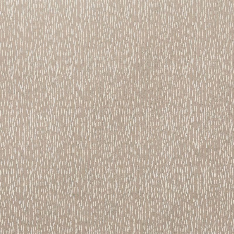 Beige fabric-like wallpaper with thin vertical white wavy streaks, covering a flat surface; pattern repeats uniformly, creating a subtle textured look suitable for interior walls under neutral, diffuse lighting.