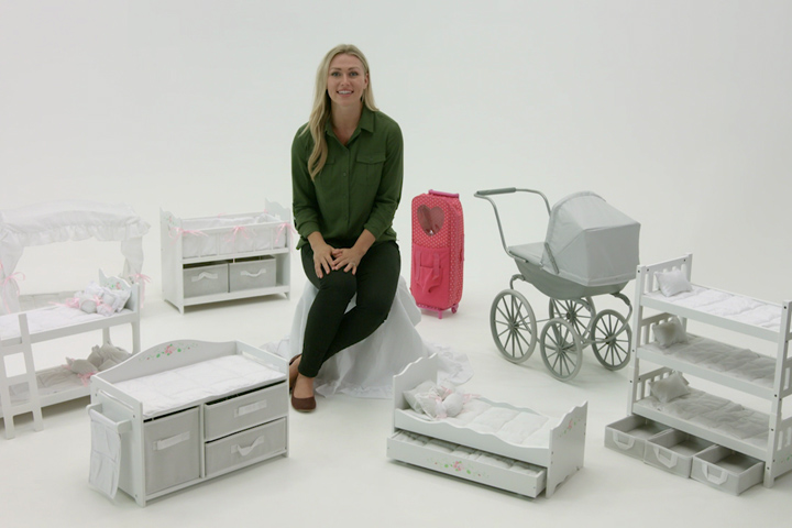 thumbnail video image 2 of Doll Bed with Bedding and Free Personalization Kit - White Rose, 2 of 9