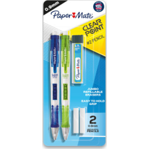 Paper Mate&reg; Clearpoint&reg; Mechanical Pencils, HB #2 Lead (0.9mm), Assorted Barrel Colors, 2 Pencils, 1 Lead Refill Set, 2 Erasers