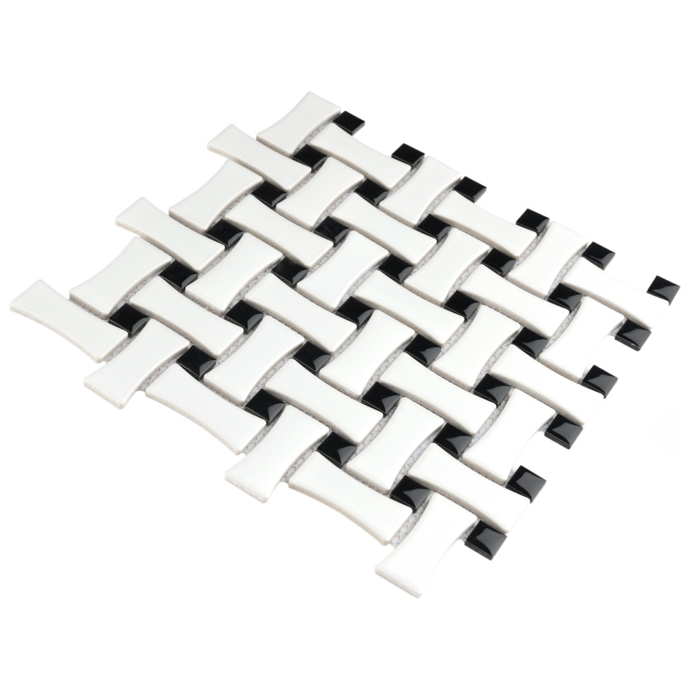 Sample – Metro Dog Bone Basketweave Matte White w/Glossy Black Dot Porcelain Mosaic Tile