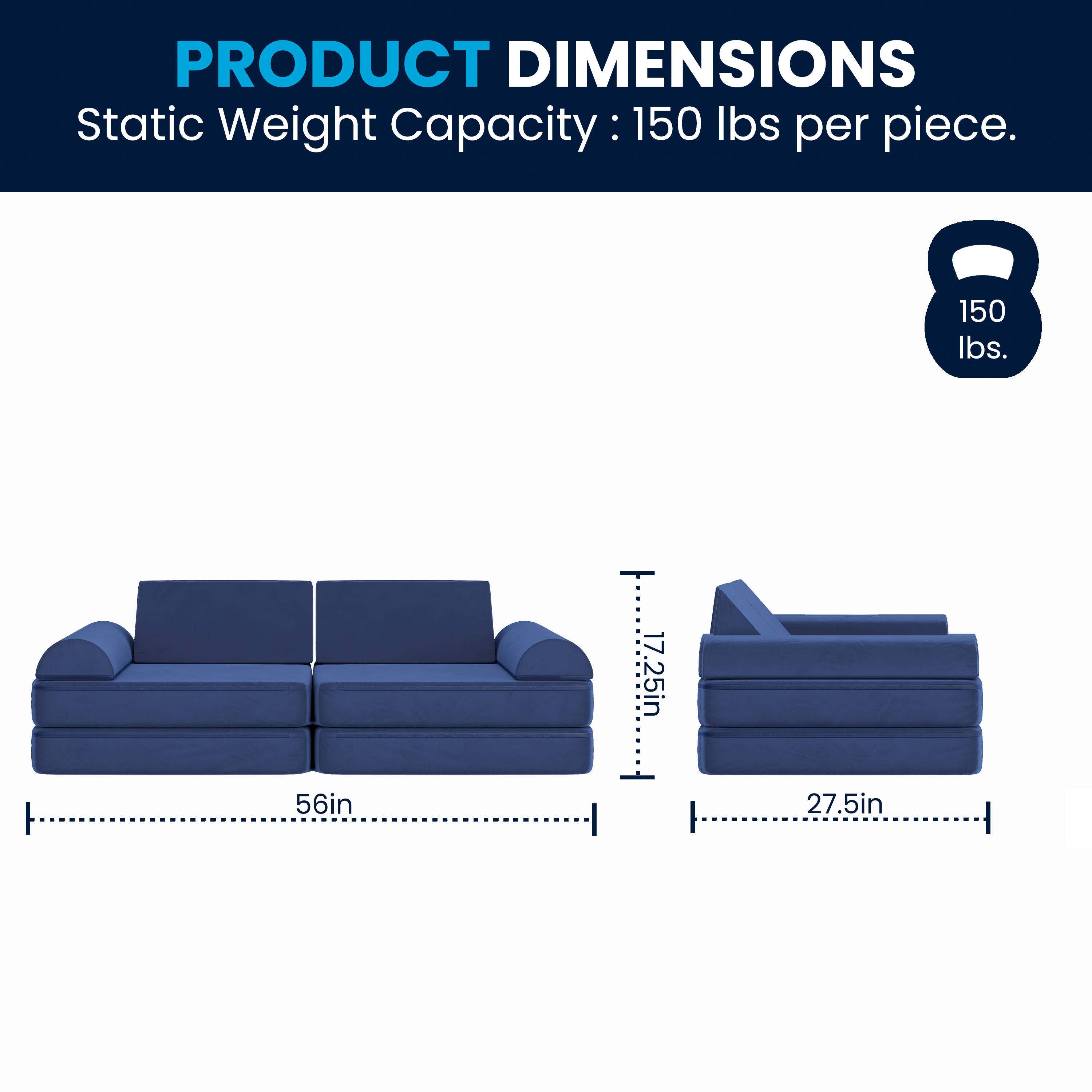 Marlowe 56" Modular Kids Play Couch with 6 Soft Foam Sectional Sofa Pieces in...