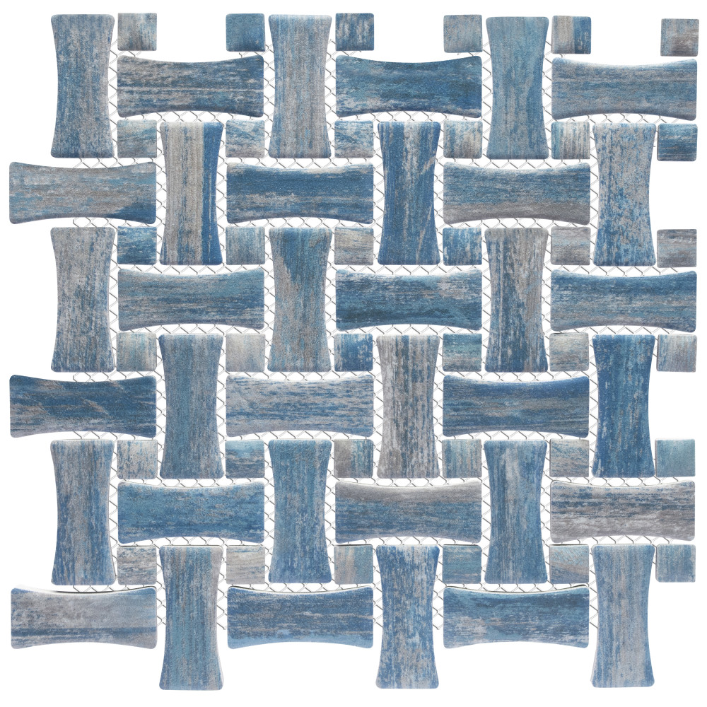 Cassis Dog Bone Basketweave Blue w/ Blue Dot 10 in. x 10 in. Porcelain Mosaic Tile