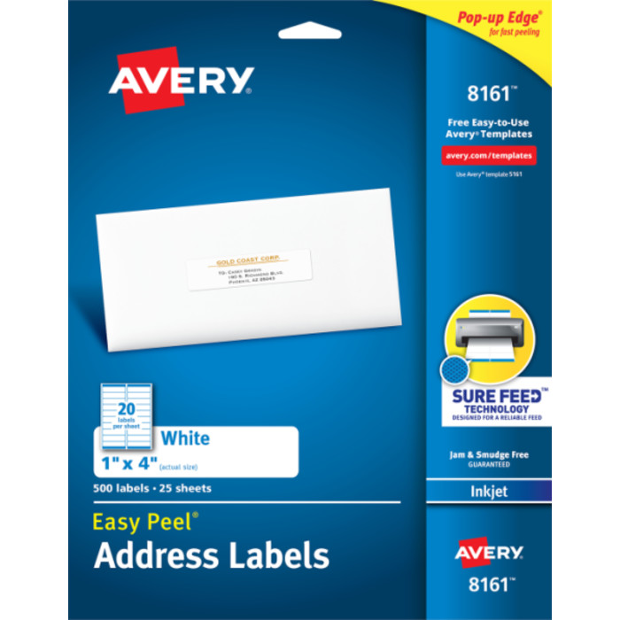 Easy Peel&reg; Address Labels, Sure Feed&trade; Technology, Permanent Adhesive, 1" x 4", 500 Labels