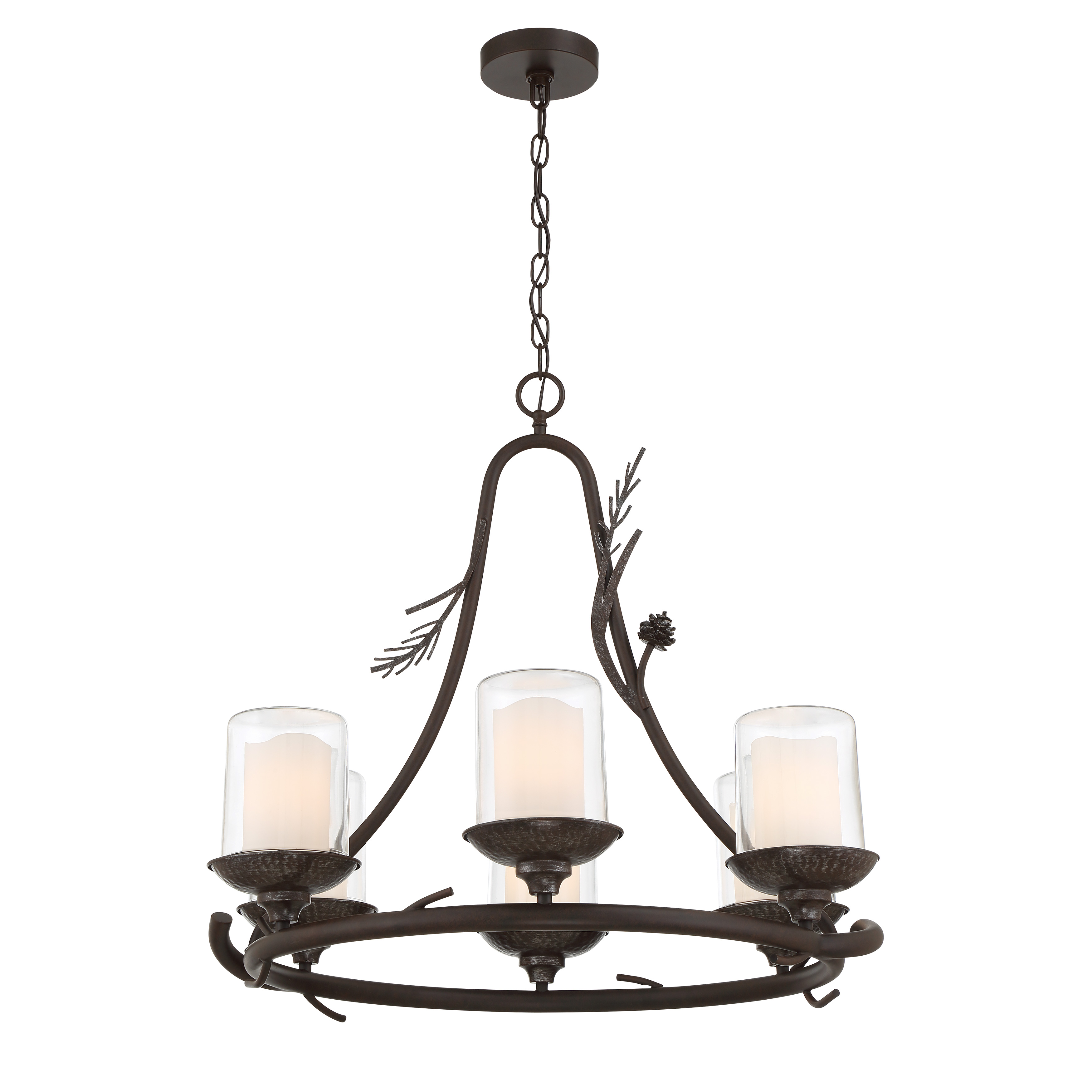 The Ponderosa Ridge chandelier combines weathered spruce finish with silver highlights for authentic rustic charm. Six lights provide ample illumination while clear glass shades showcase vintage-style bulbs. Dimmable functionality and outdoor-rated construction make it versatile for covered porches, patios, or transitional indoor spaces. - alternate view