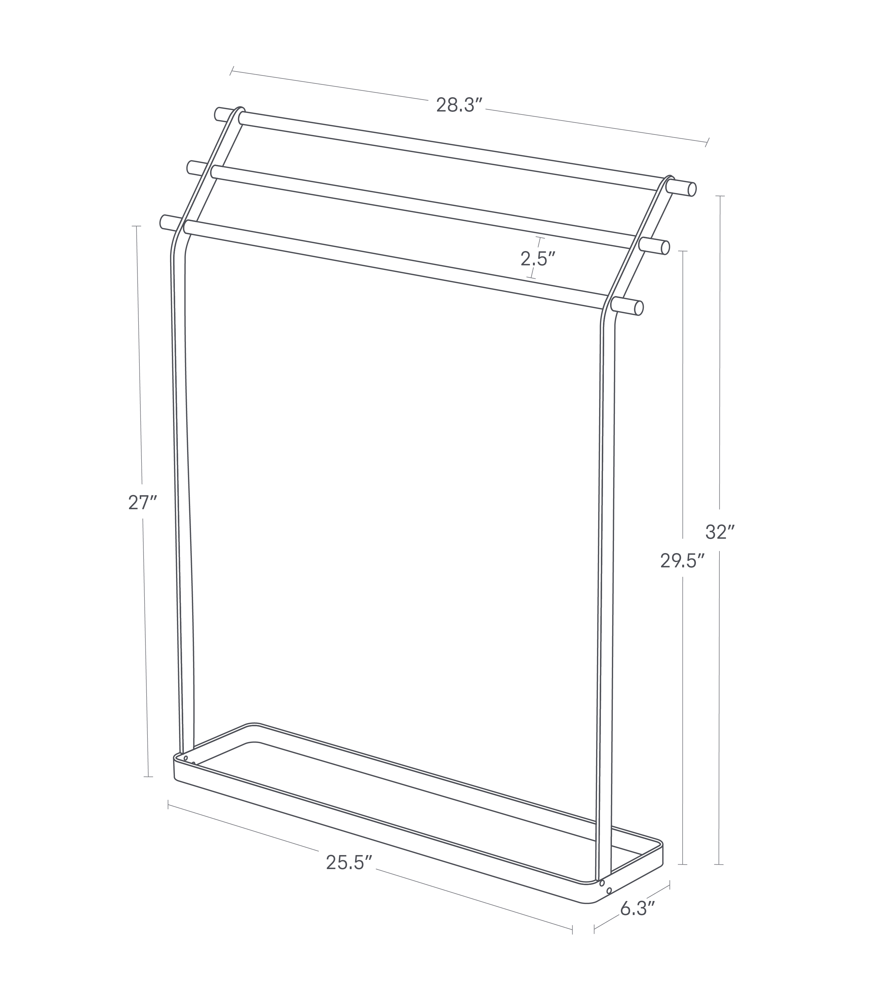 Dimension image of Bath Towel Rack with a towel bars 28.3 inches wide, 32 inches tall, 25.5 inches wide at the bottom, and 6.3 inches deep. The wooden dowels are 2.5 inches apart, and the first dowel is 27 inches from the floor, the second dowel is 29.5 inches from the floor, and the top dowel is 32 inches from the floor.