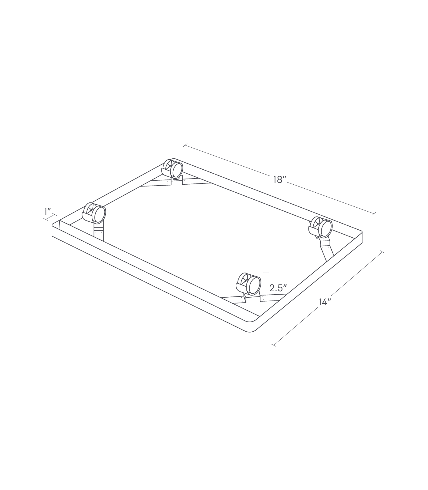 Dimension image for Rolling Printer Rack with four caster wheels. The frame measures 18 inches in length, 14 inches in width, and stands 1 inch high. Each wheel has a diameter of 2.5 inches.