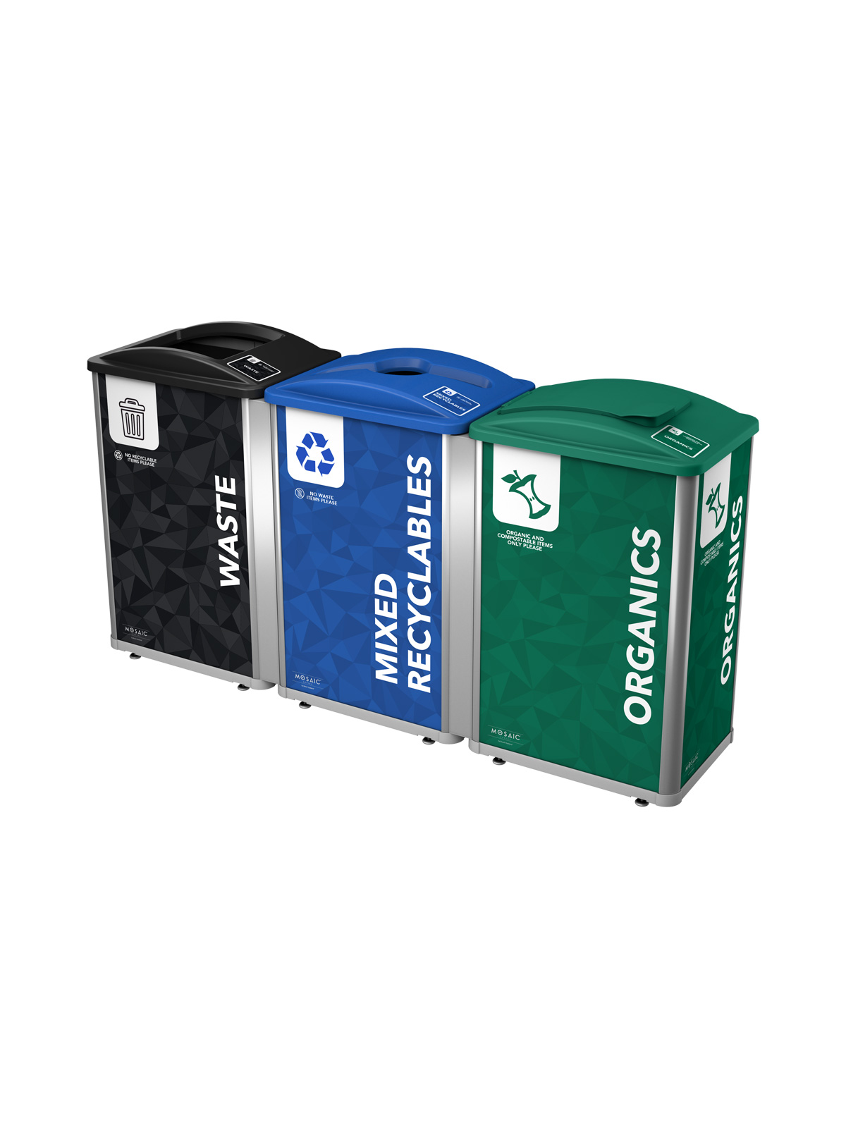 Mosaic Series triple waste recycling and organics containers with full black lid mixed blue lid and green lift lid with signs and labels