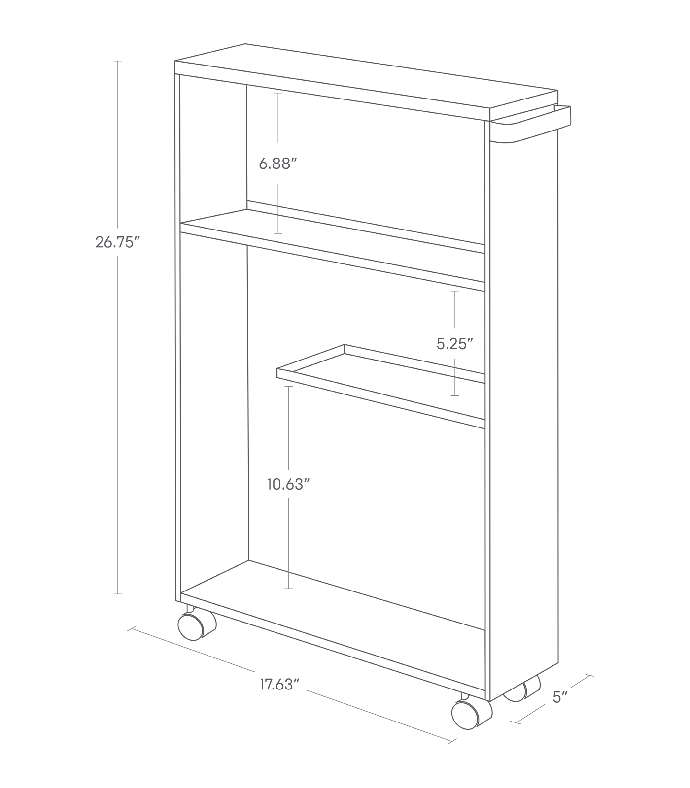 Dimension image for Rolling Storage Carton a white background showinglength of 17.63 inches, width of 5 inches, height of 26.75 inches. The top shelf has a height of 6.88 inches. A short divider is placed in the bottom shelf at a height of 10.63 inches.