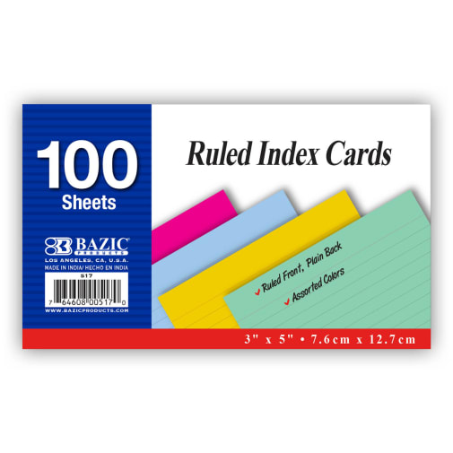 Ruled Colored Index Cards (3" x 5") 100 Count