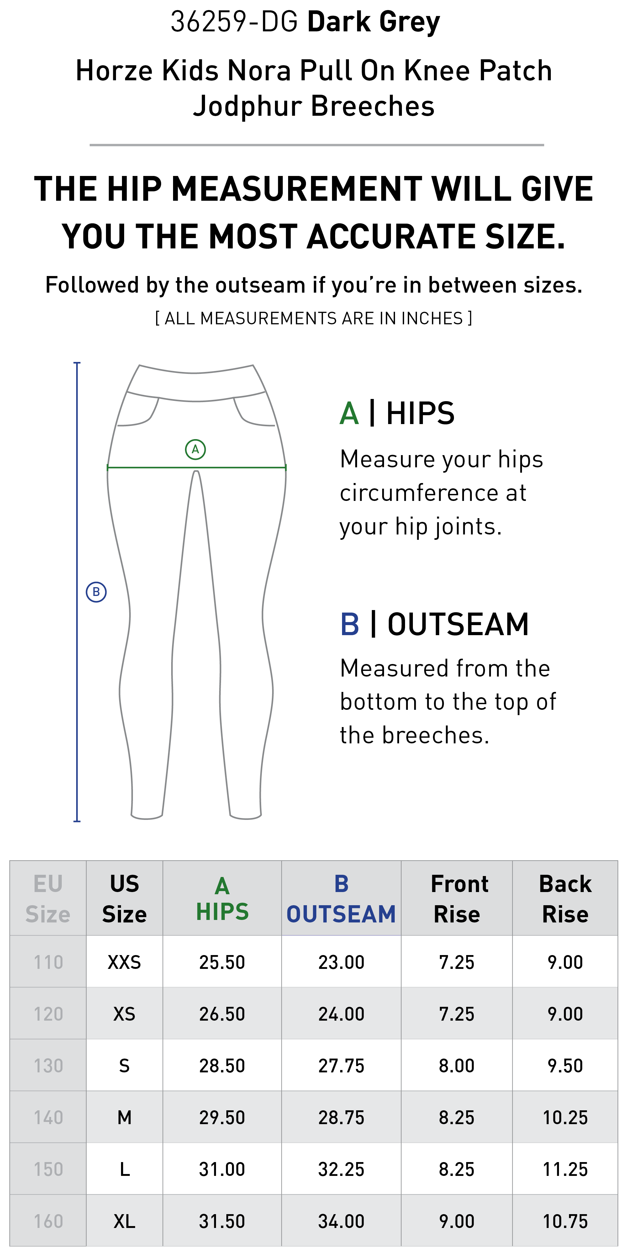 Size chart for Horze Kids Nora Pull On Knee Patch Jodhpur Breeches - Dark Gray