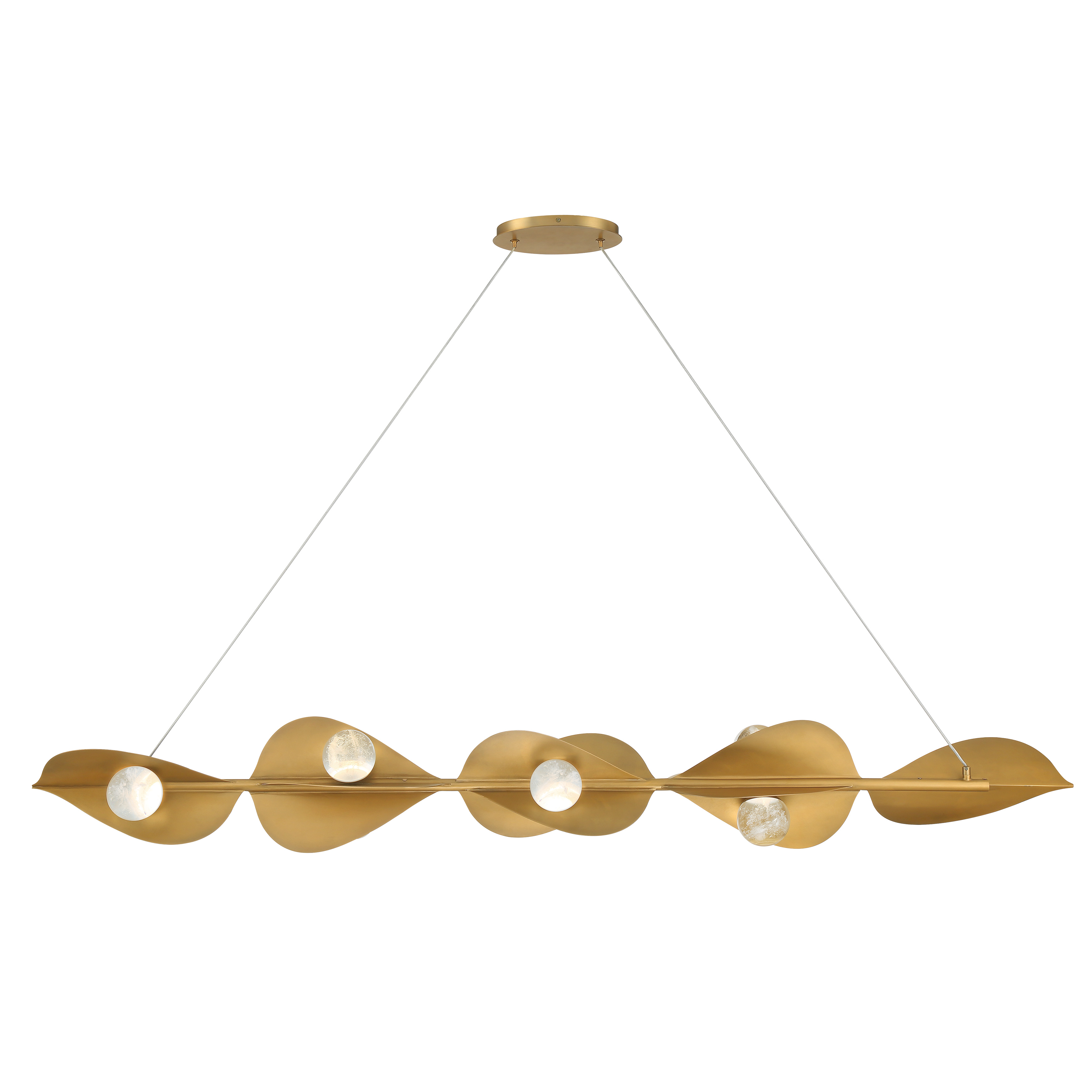 The Pod Island Light delivers exceptional illumination with its 61.75-inch linear design, featuring elegant faux cloud glass and Legacy Brass finish. High CRI of 90 ensures true color rendering, while integrated LED technology provides energy-efficient, dimmable lighting perfect for kitchen islands and dining areas. - alternate view