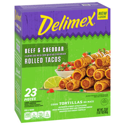 Delimex Beef & Cheddar Corn Rolled Tacos, 23 ct Box