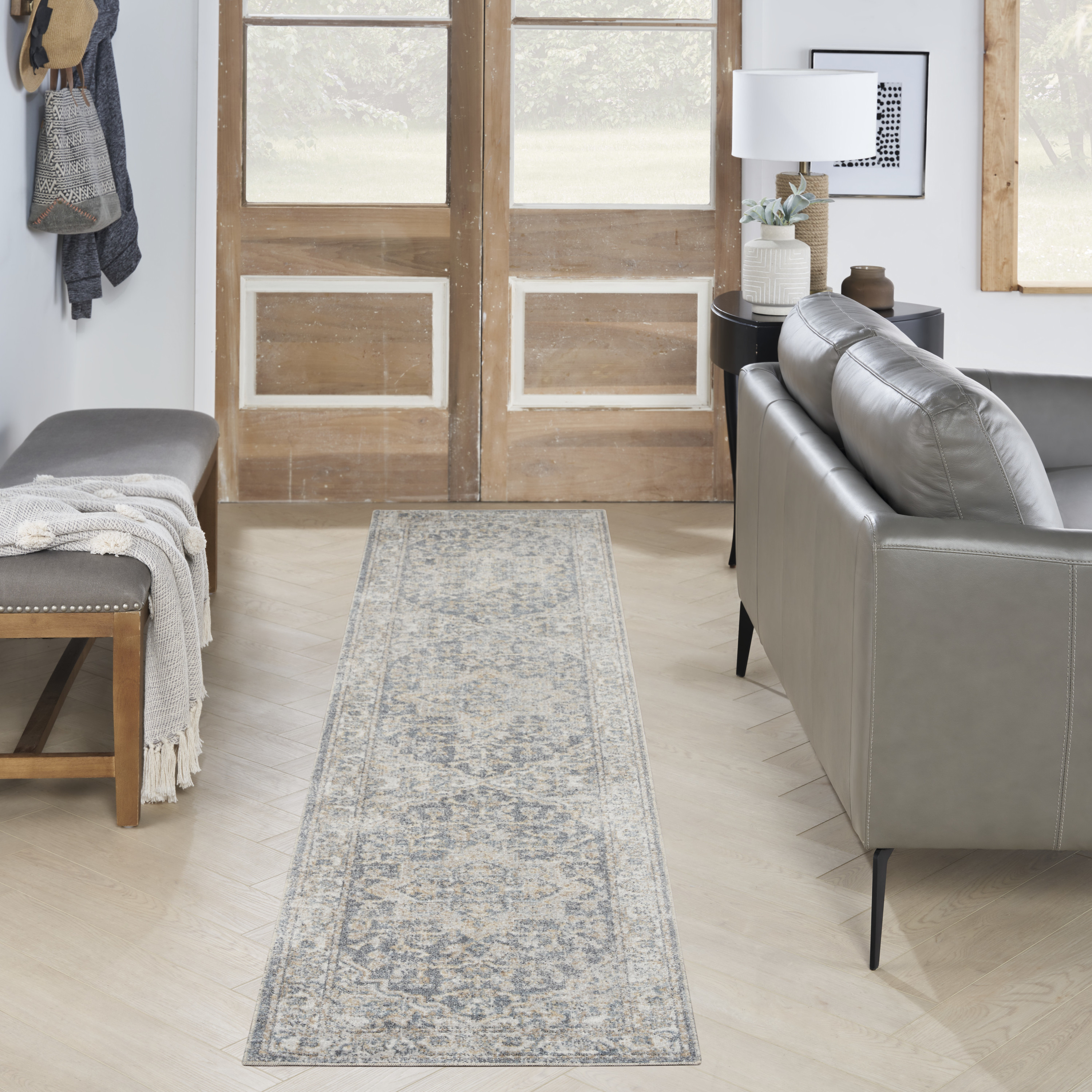 Nourison Astra Machine Washable 2'2" x 10' Grey Blue Vintage Indoor Rug